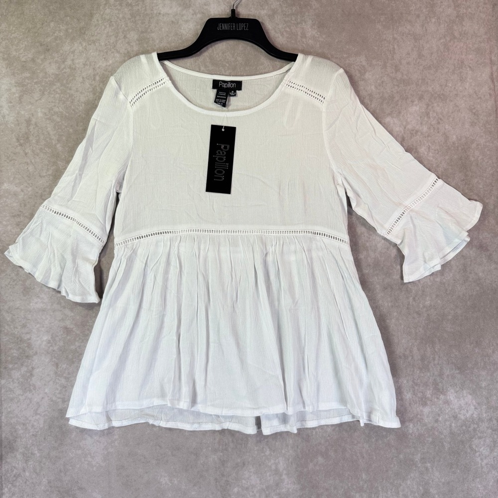 Papillon Blouse Women Medium White Solid Peplum Bell Sleeve Lace Boho Romantic